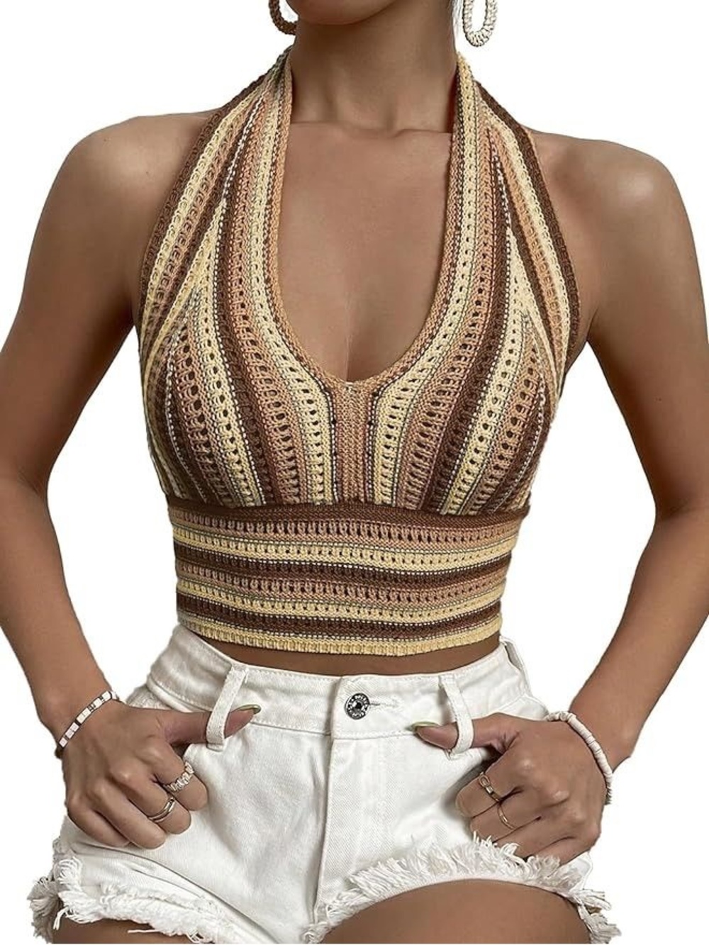 Striped Crochet Halter Crop Top in Blush, Cream & Brown. Hippie. Boho. Festival